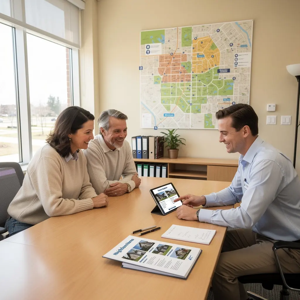 Rodzina zwiedzająca nowy dom w spokojnej okolicy.