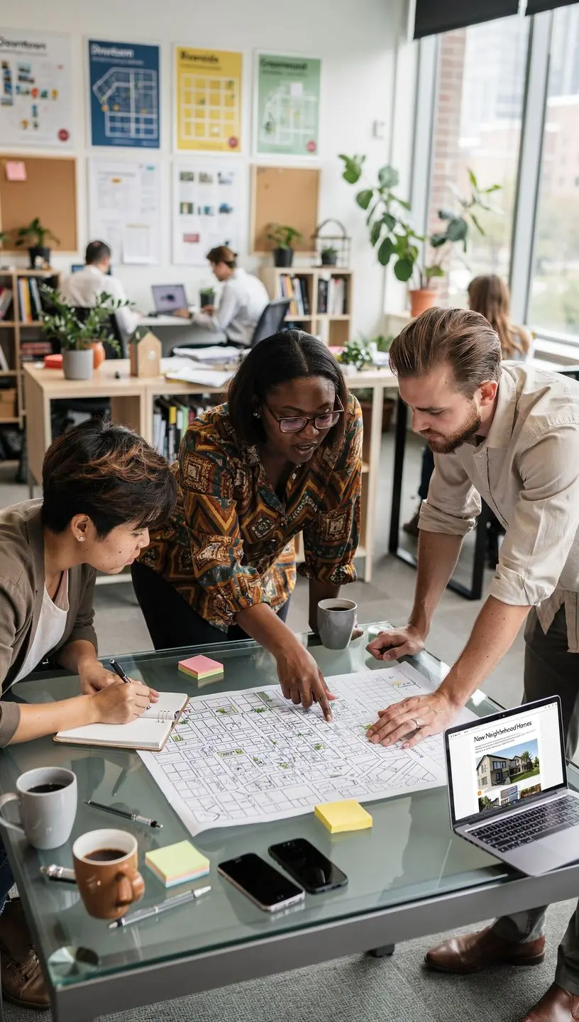 Grupa ludzi uczestnicząca w warsztatach dotyczących osiedlania się w nowym mieście.