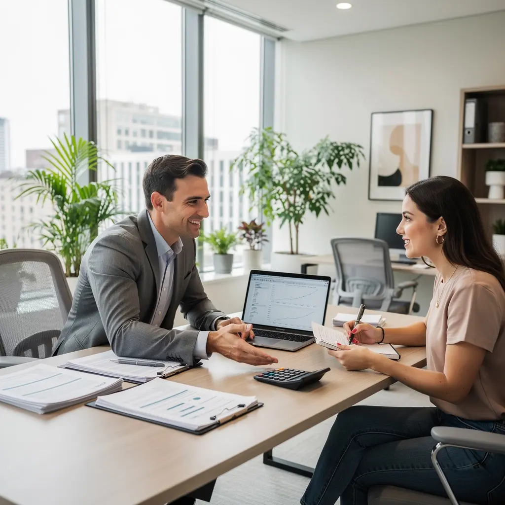 Rodzina przeglądająca oferty domów na sprzedaż w przytulnym biurze.