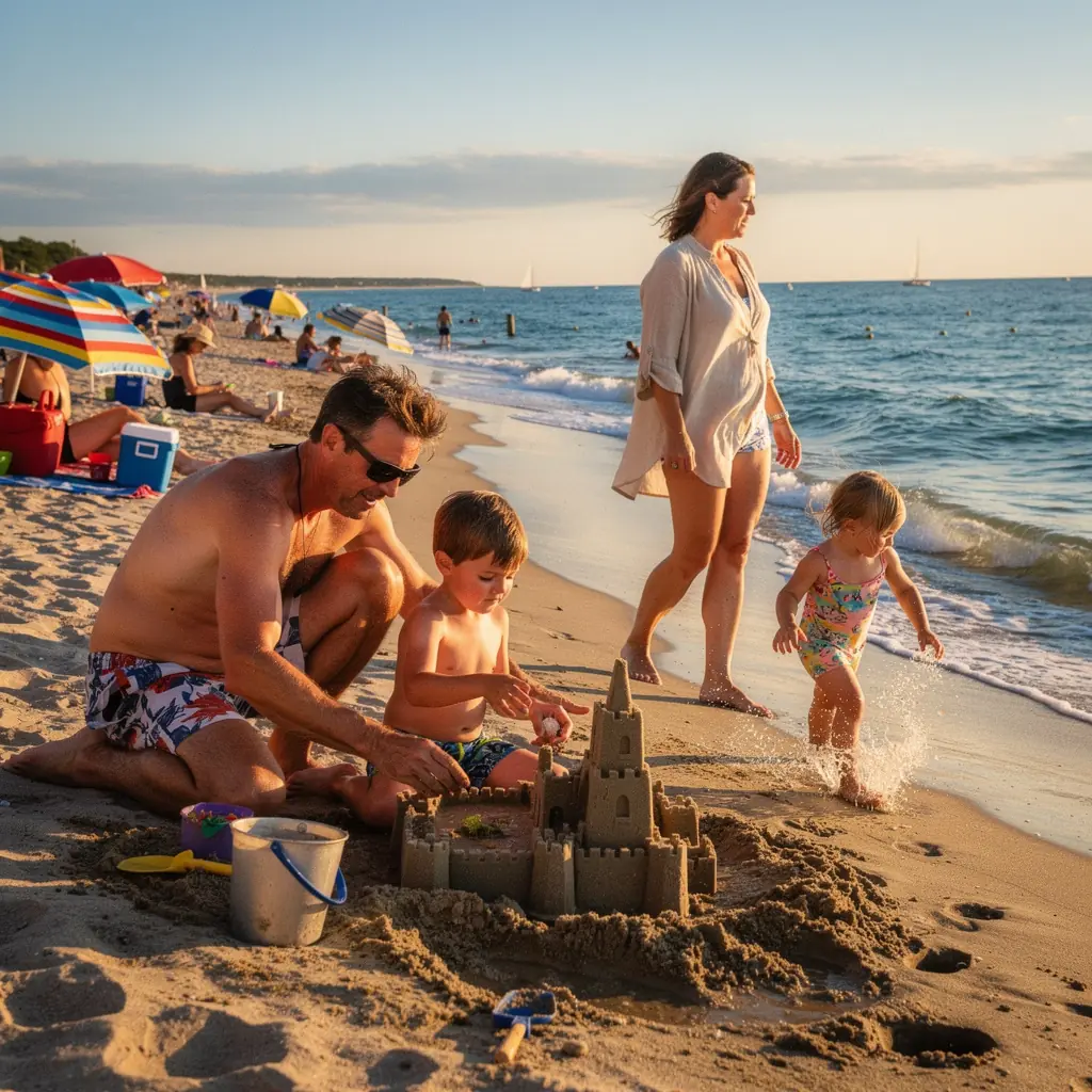Rodzina spędzająca czas na plaży, ciesząca się wspólnymi chwilami podczas wakacji.