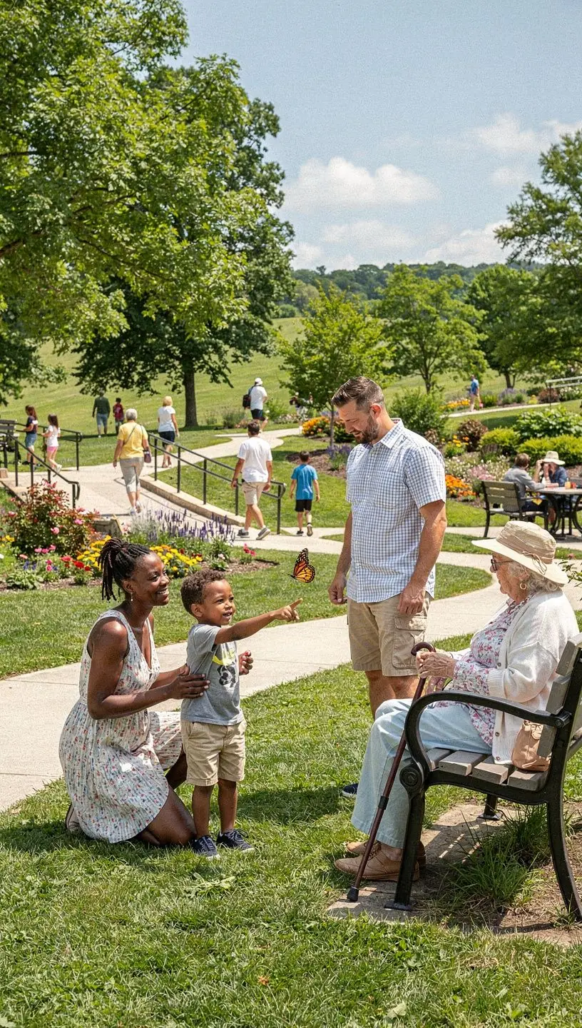 Rodzinny spacer po parku narodowym, z dziećmi odkrywającymi otaczającą przyrodę.