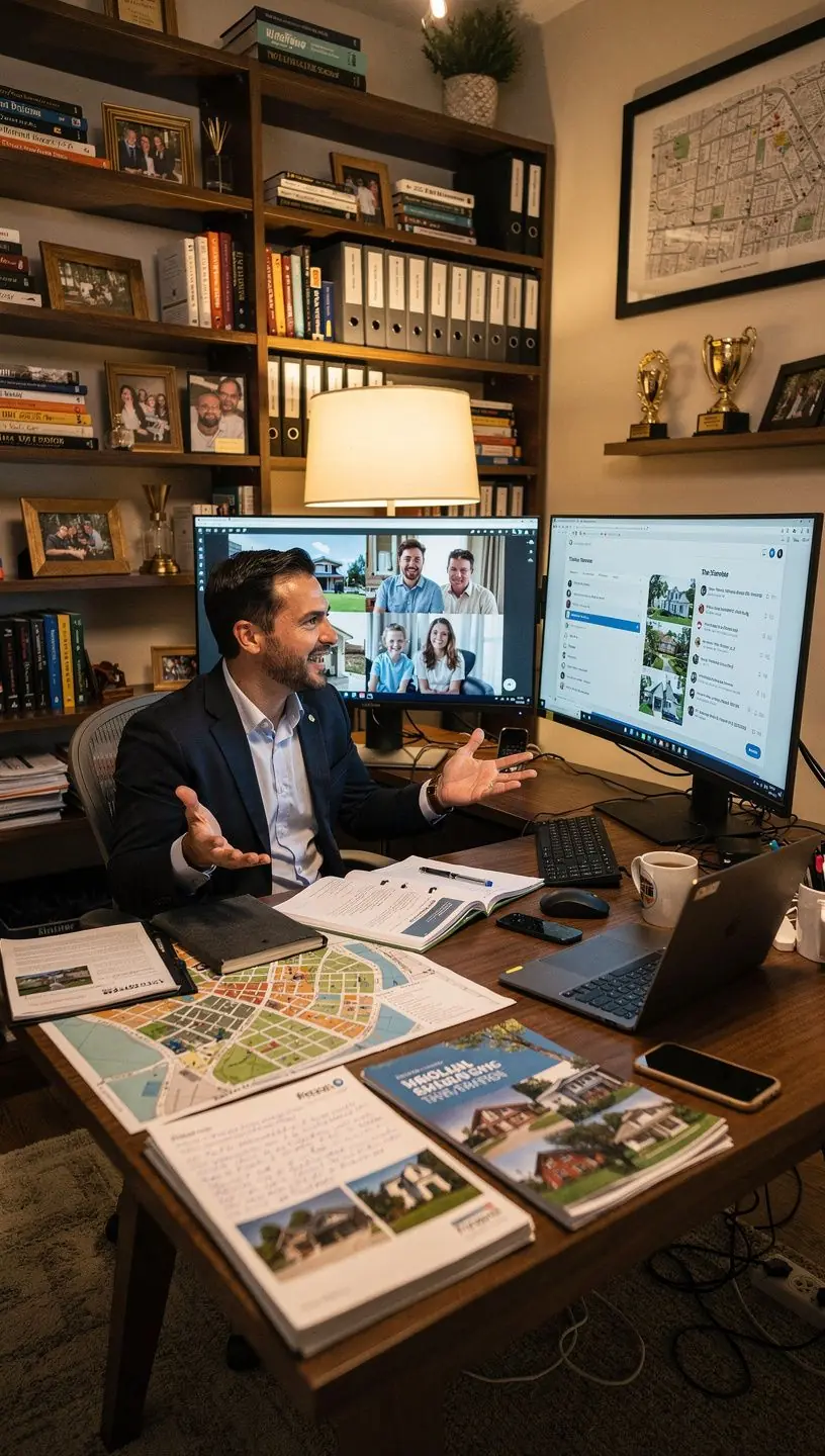 Zespół doradców omawiających różne opcje wynajmu mieszkań w nowym mieście.